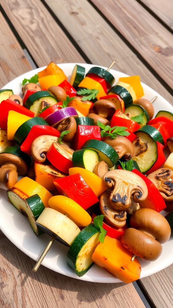 Grilled vegetable skewers with bell peppers, zucchini, onions, and mushrooms on a white plate, garnished with herbs.